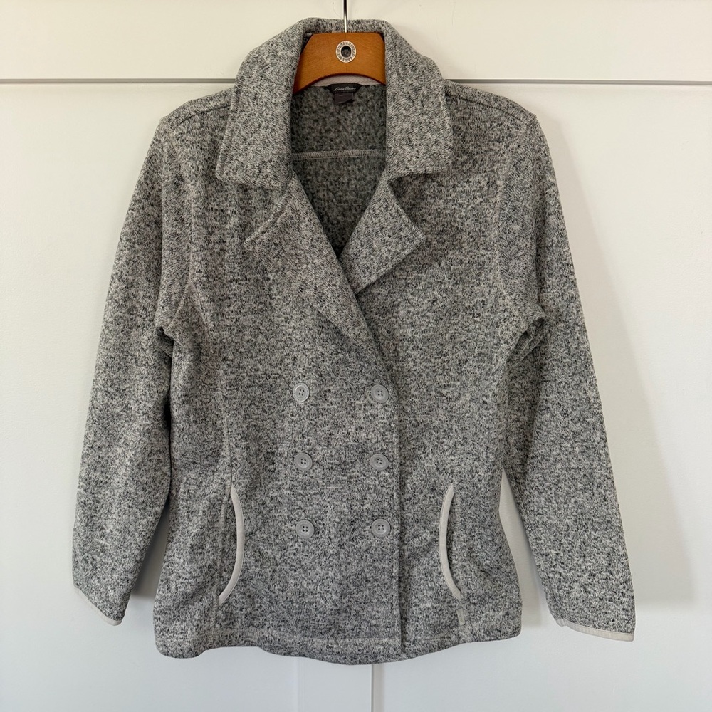 Eddie Bauer Jacket Fleece Double Breast Peacoat Heather Gray Pockets Knit Size M
